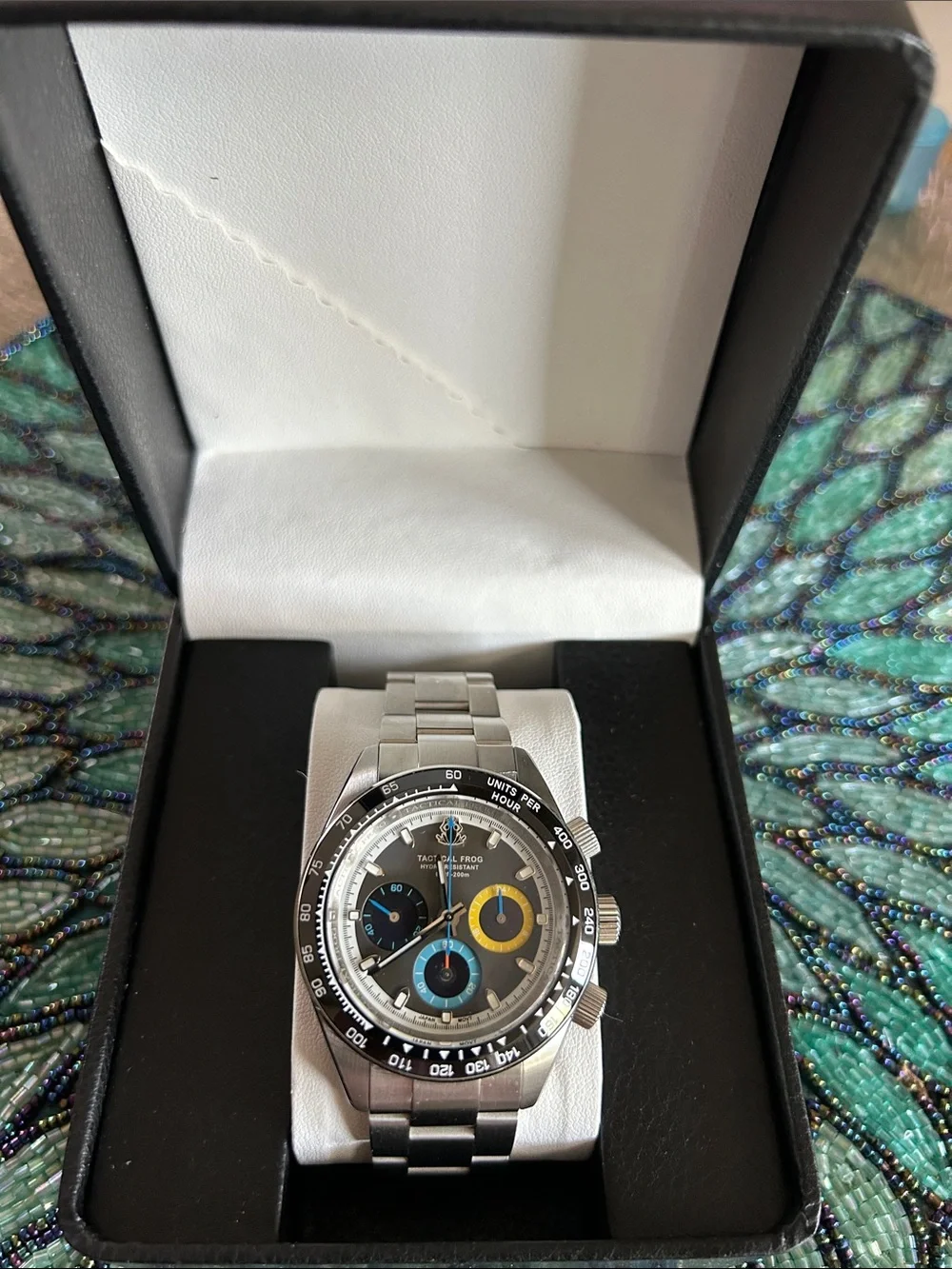 Stainless Steel Chronograph Watch - Black Dial with Blue & Yellow Accents